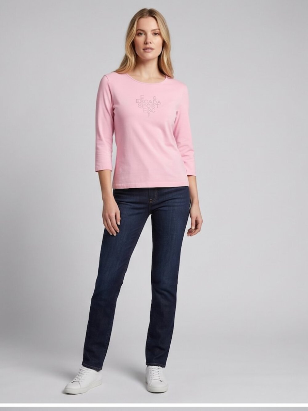 Escada Sport Vintage Pink Bling Logo Tee | Rhinestone Heart Graphic Top | Size L